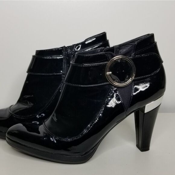 Reba Black Chrome Patent‎ Leather Zip Up Ankle Boot Size 8M - Picture 13 of 13